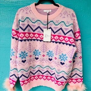 PINK CREWNECK WINTER FAIR ISLE PINK SWEATER FEATHER CUFFS SIZE LARGE NWT